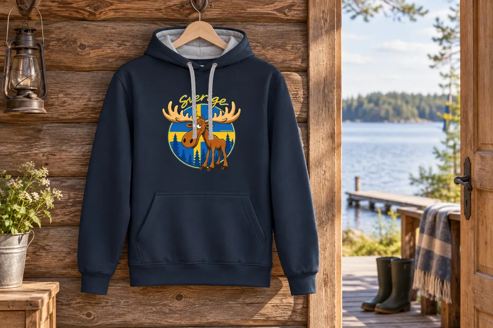 Navy Kontrast-Hoodie mit Sverige-Schriftzug und Elchmotiv an einer Holzwand