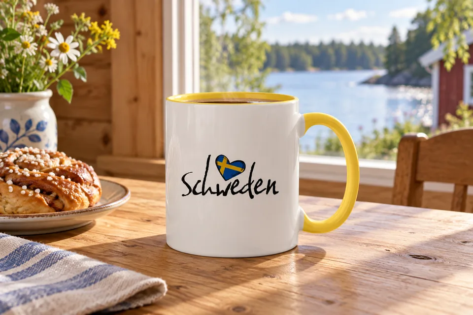 Weiße Tasse mit gelbem Henkel, Schweden-Schriftzug und Herz in Schwedenfarben