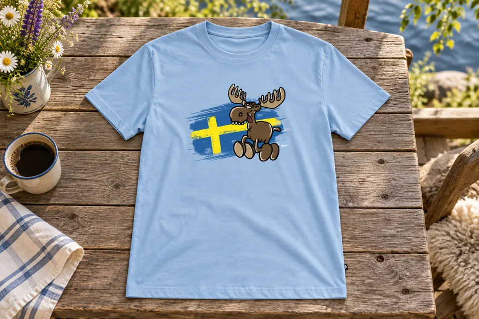 Hellblaues T-Shirt mit Elch und Schwedenflagge auf einem Holztisch am Wasser
