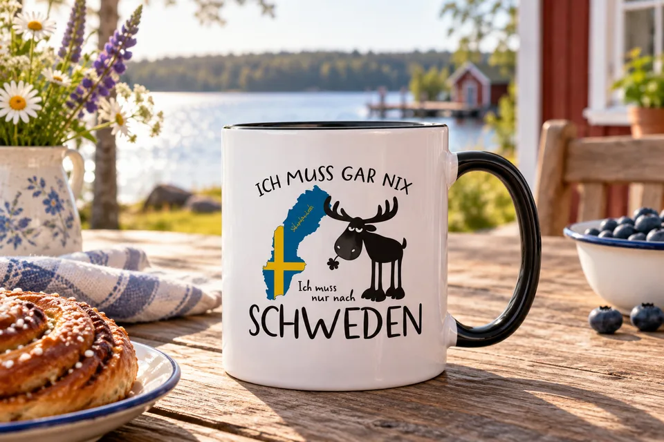 Weiße Tasse mit schwarzem Henkel, Elch und Spruch Ich muss nur nach Schweden