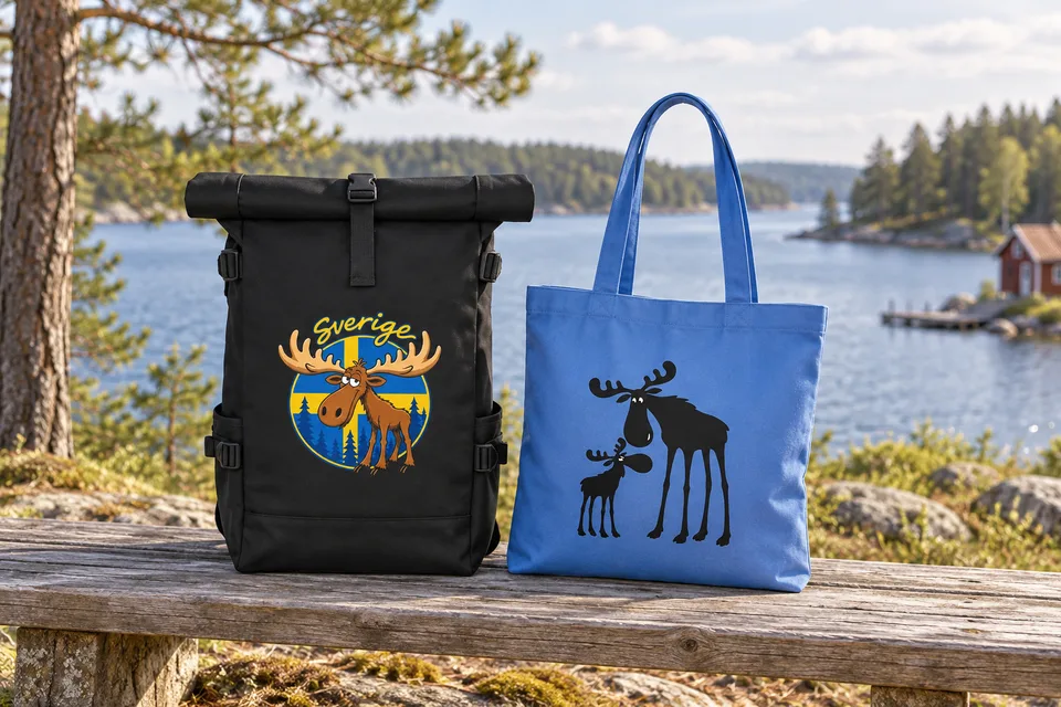 Schwarzer Rolltop-Rucksack mit Sverige-Elchmotiv und blaue Stofftasche mit Elchfamilie