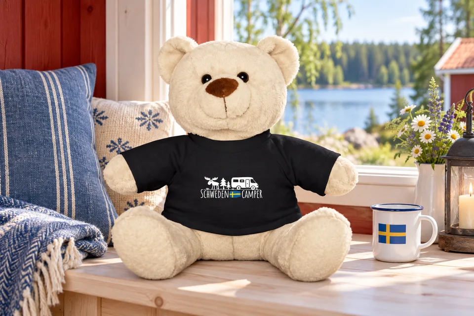 Heller Teddy mit schwarzem Shirt und Schweden-Camper-Motiv auf einer Holzbank