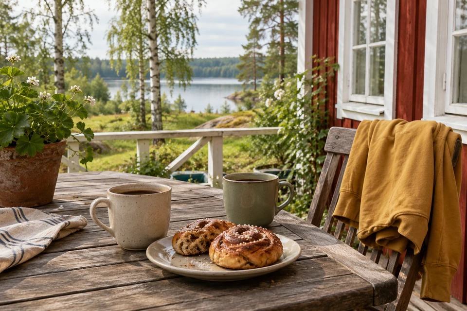 Schweden-Stimmungsbild: Kaffee und Zimtschnecken vor einem roten Ferienhaus am See